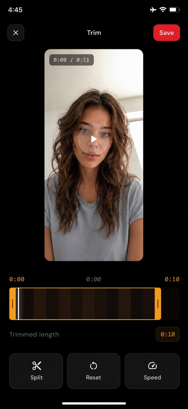 Trim editor with timeline, split, reset and speed controls